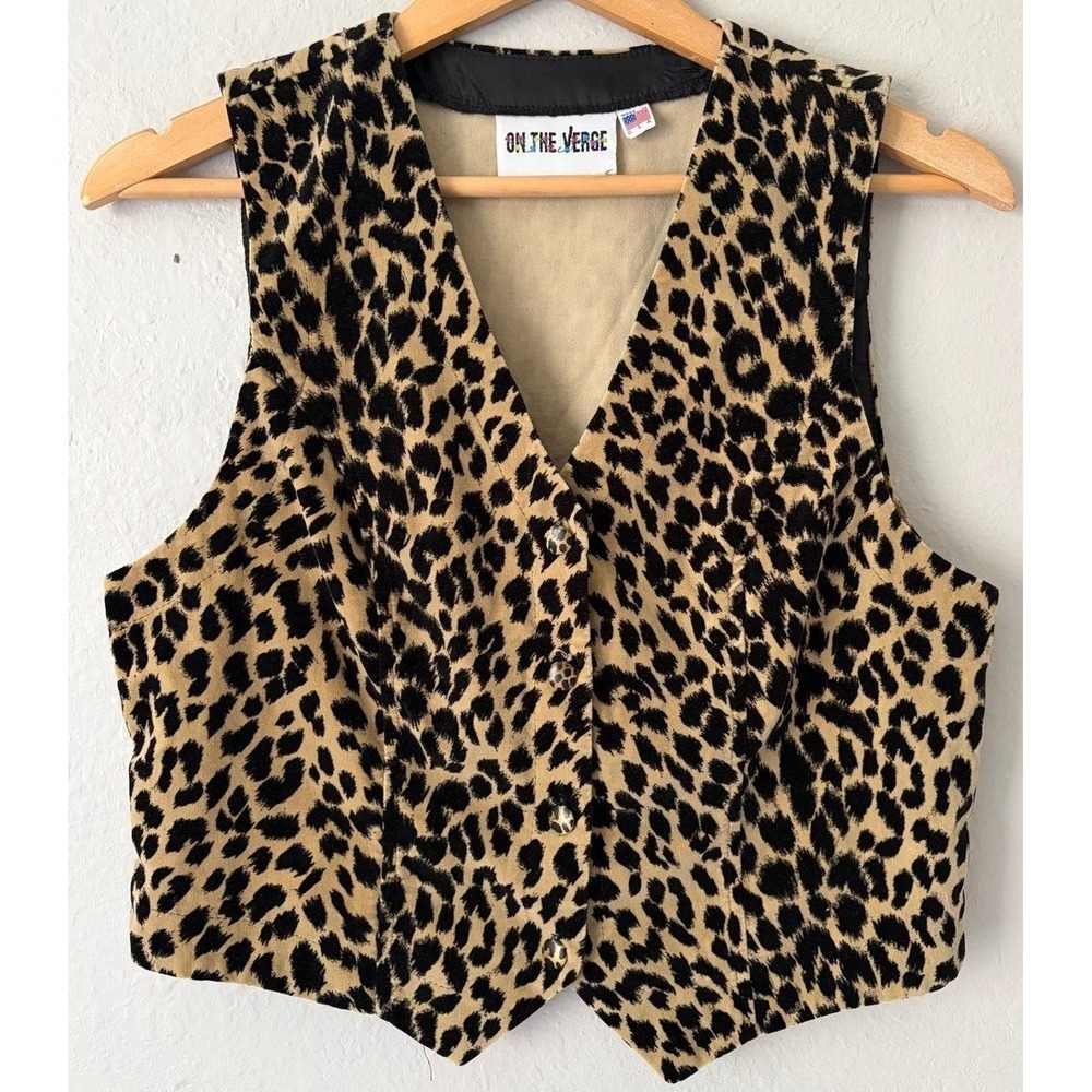 On The Verge Womens Leopard Print Cropped Button Vest Medium Vintage Made in USA